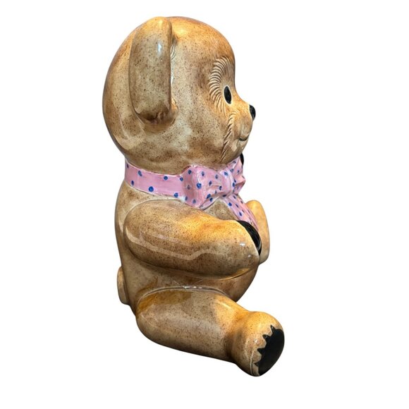 Vintage Ceramic Brown Teddy Bear Bank / Decoration Pink Bow 11" - Picture 3 of 9